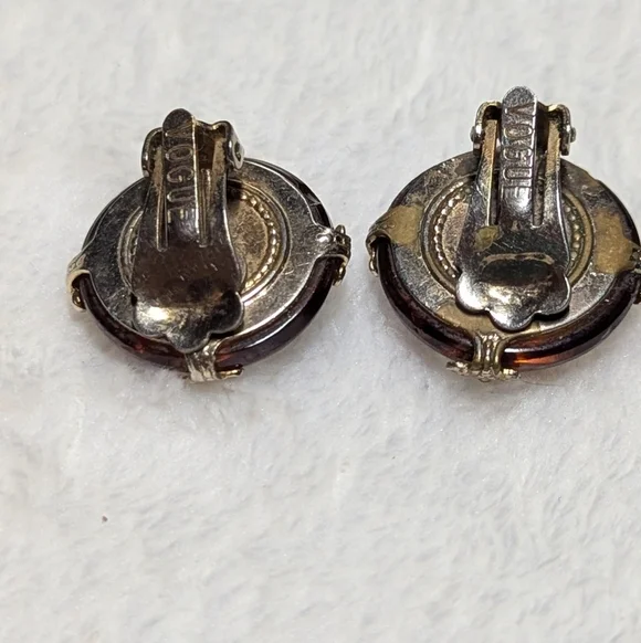 Vintage Vogue Amber Carnival Glass Button Clip Earrings - Picture 7 of 8